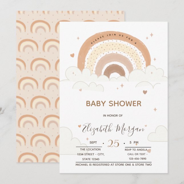 Invitación Baby Shower de los corazones de nubes arco iris (Anverso / Reverso)