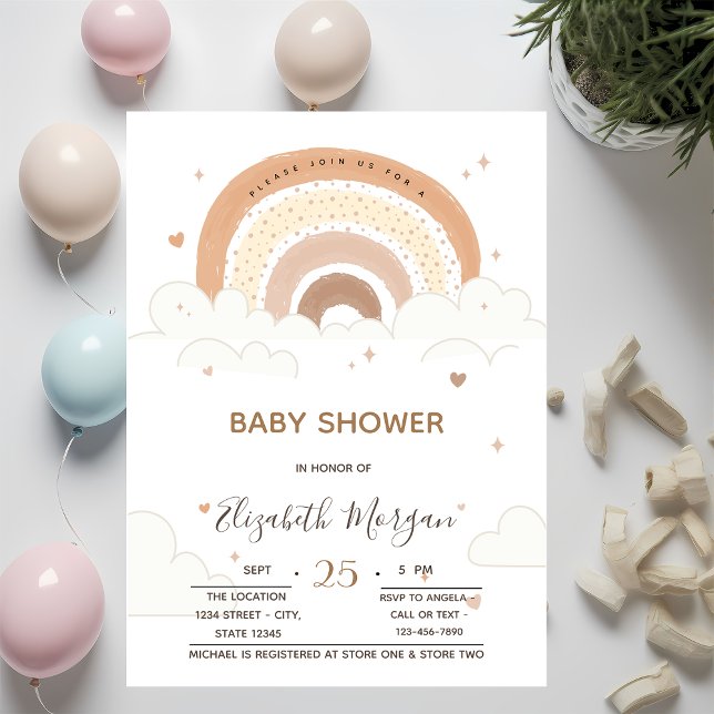 Invitación Baby Shower de los corazones de nubes arco iris (Subido por el creador)