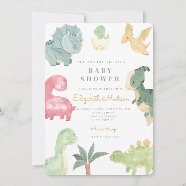Invitación Baby Shower de los dinosaurios dulces de color agu (Anverso)