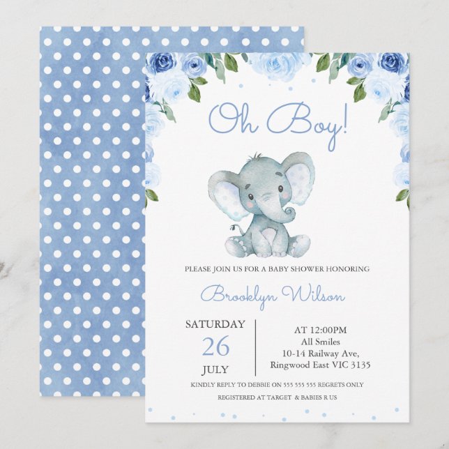 Invitación Baby Shower de los elefantes florales azules del n (Anverso / Reverso)
