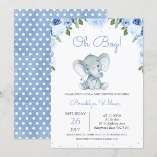 Invitación Baby Shower de los elefantes florales azules del n