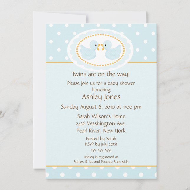 Invitación Baby Shower de los gemelos Blue Ducks (Anverso)