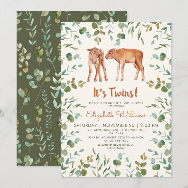 Invitación Baby Shower de los gemelos curte Baby Bison (Anverso / Reverso)