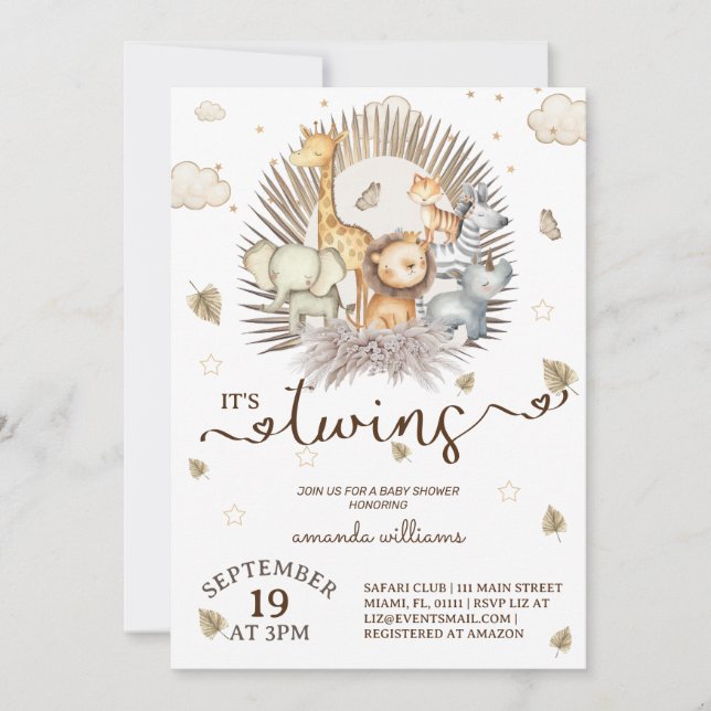 Invitación Baby Shower de los gemelos de animales salvajes Ju (Anverso)