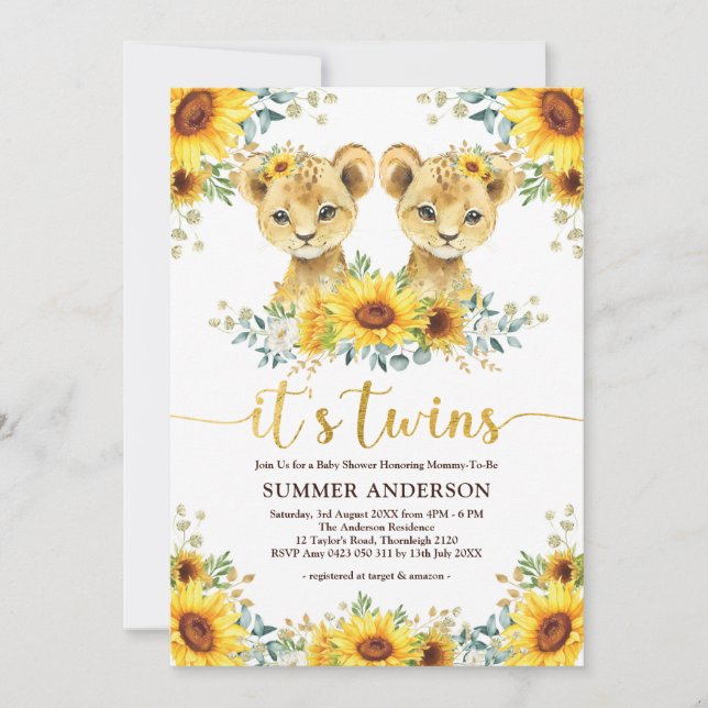 Invitación Baby Shower de los gemelos de los leones de giraso (Anverso)