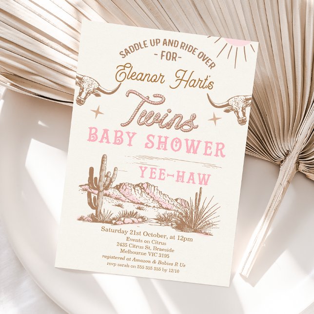 Invitación Baby Shower de los gemelos rodeo del desierto occi (Wild West Western Twin Girls Baby Shower Invitation, Rodeo Western Desert Twins Baby Shower Invite )