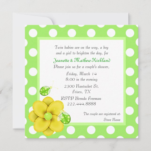 Invitación Baby Shower de los gemelos verdes (Anverso)