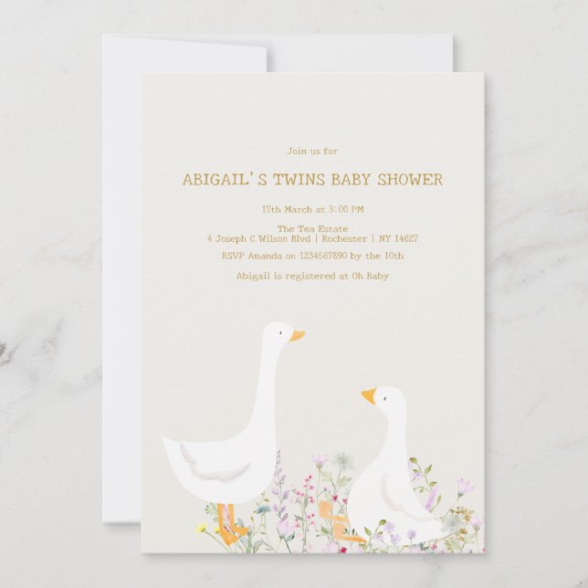 Invitación Baby Shower de los gemelos Watercolor Goose Wildfl (Anverso)