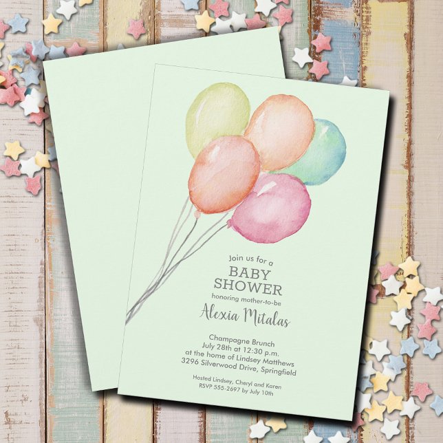 Invitación Baby Shower de los globos acuáticos (Watercolor balloons unisex baby shower invitations, PRINTED and/or INSTANT DOWNLOAD)