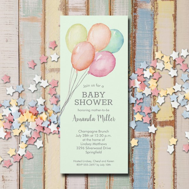 Invitación Baby Shower de los globos acuáticos (Watercolor balloons unisex baby shower invitations, PRINTED and/or INSTANT DOWNLOAD)