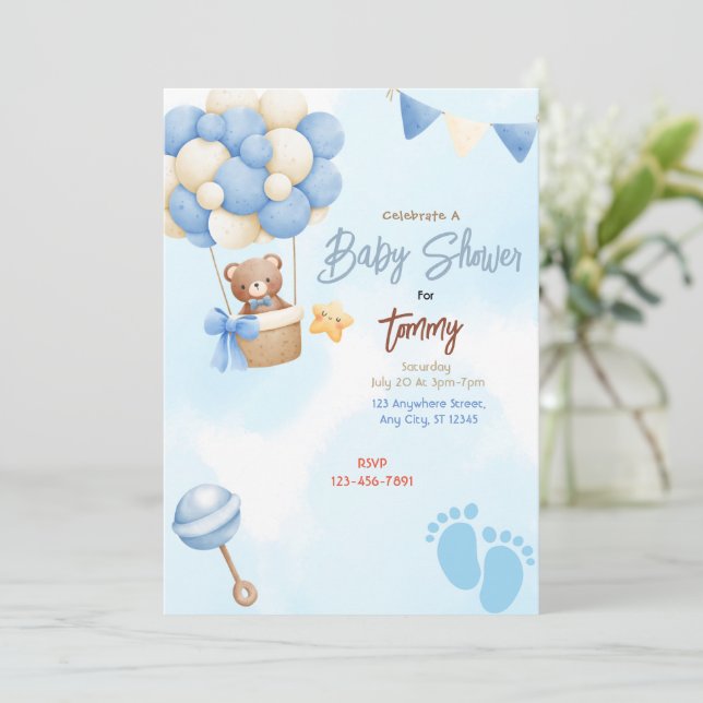 Invitación Baby Shower de los globos azules (Anverso de pie)