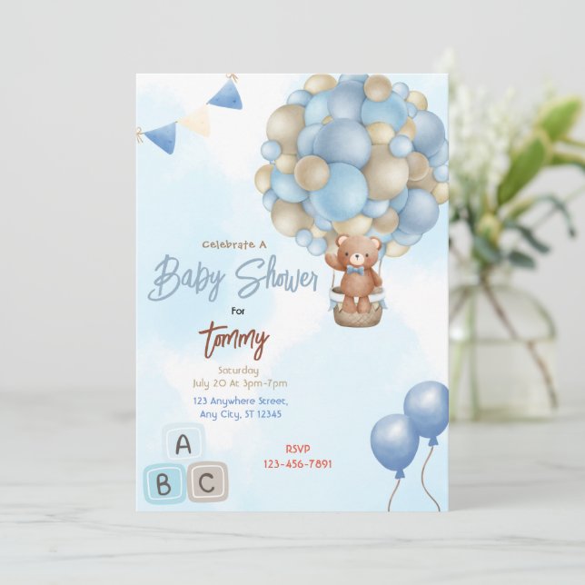 Invitación Baby Shower de los globos azules (Anverso de pie)