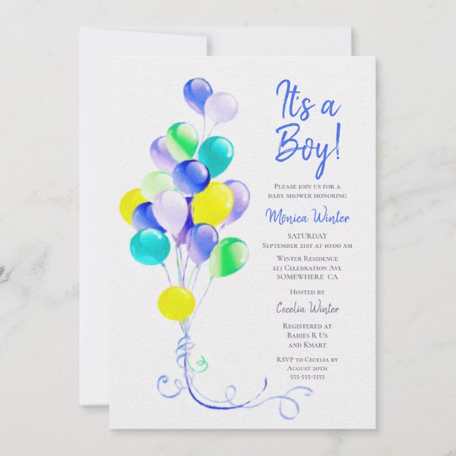 Invitación Baby Shower de los globos azules (Anverso)