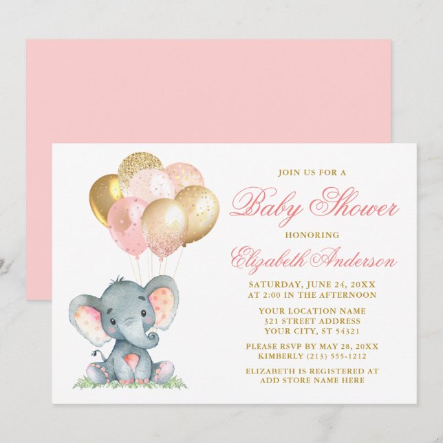 Invitación Baby Shower de los globos de oro rosado del Elefan (Anverso / Reverso)