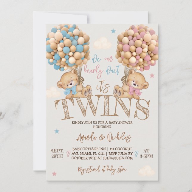 Invitación Baby Shower de los globos de oso gemelos (Anverso)