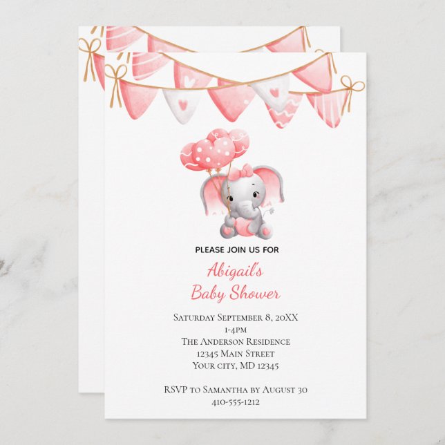 Invitación Baby Shower de los globos elefantes rosados (Anverso / Reverso)