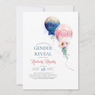 Invitación Baby Shower de los globos rosados y azules revelad
