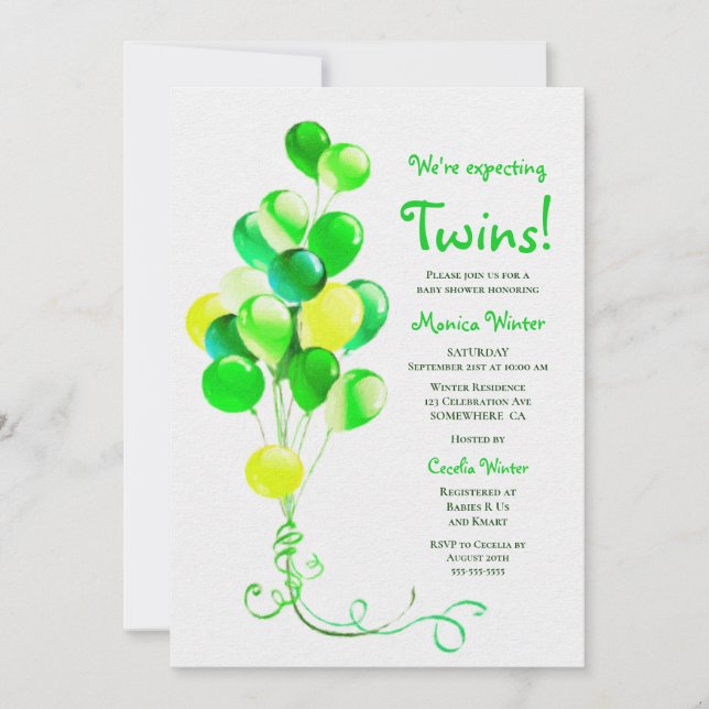 Invitación Baby Shower de los globos verdes de los gemelos (Anverso)