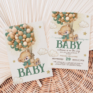 Invitación Baby Shower de los globos verdes del oso