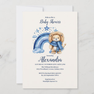 Invitación Baby Shower de los leones del arcoiris azul