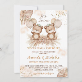 Invitación Baby Shower de los mellizos adorables de oso boho