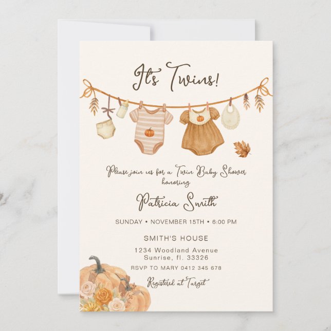 Invitación Baby Shower de los mellizos de calabaza de tela (Anverso)