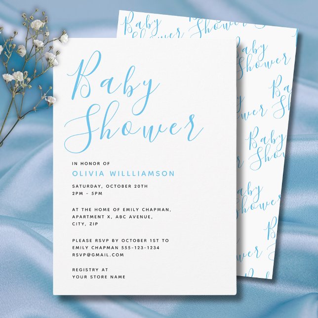 Invitación Baby Shower de los niños azules modernos (Simple and elegant, modern blue baby shower invitation with script typography. )