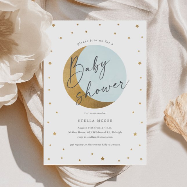 Invitación Baby Shower de los niños con guión de lunas y estr (Gold Moon and Stars Script Boys Baby Shower Invitations.)
