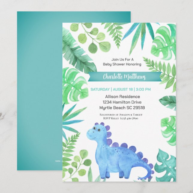 Invitación Baby Shower de los niños de los dinosaurios azul a (Anverso / Reverso)