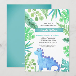 Invitación Baby Shower de los niños de los dinosaurios azul a