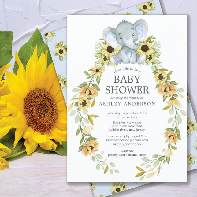 Invitación Baby Shower de los niños elefantes de girasol y be (Subido por el creador)
