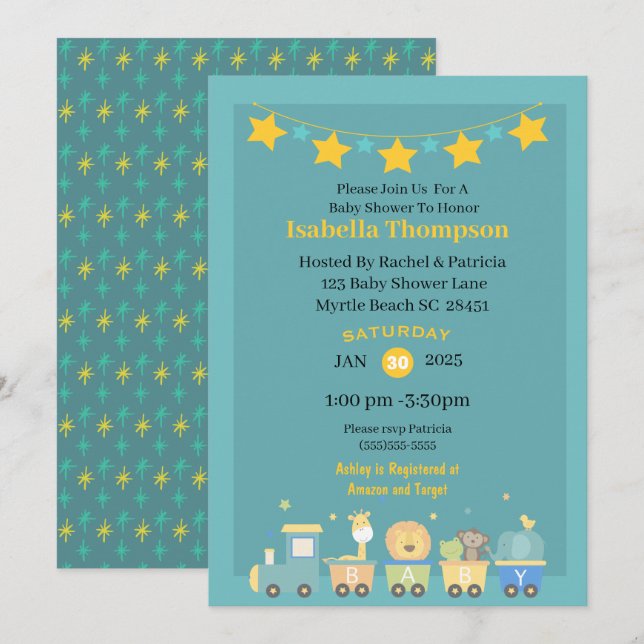 Invitación Baby Shower de los niños en el tren de safari Verd (Anverso / Reverso)