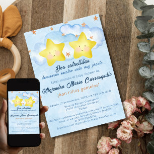 Invitación Baby Shower de los niños gemelos azules de las peq