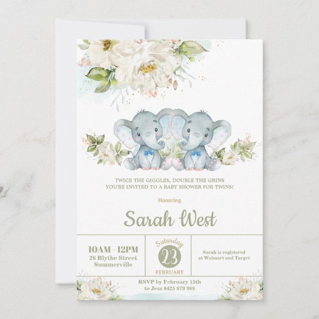 Invitación Baby Shower de los niños gemelos Elephant (Anverso)