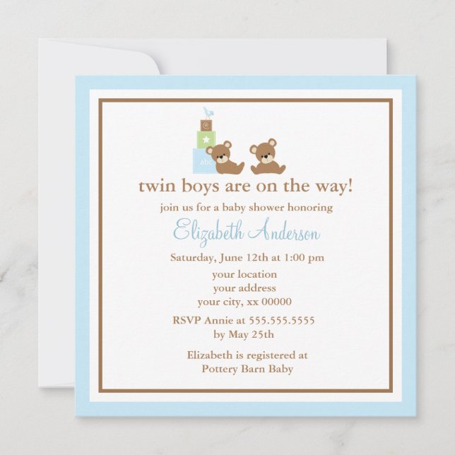 Invitación Baby Shower de los osos azules (Anverso)
