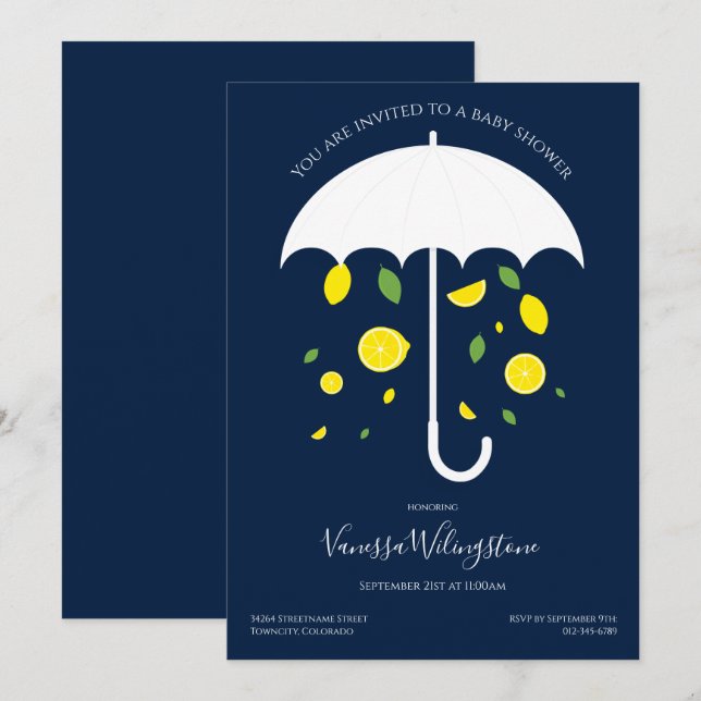 Invitación Baby Shower de los paraguas azules blancos (Anverso / Reverso)