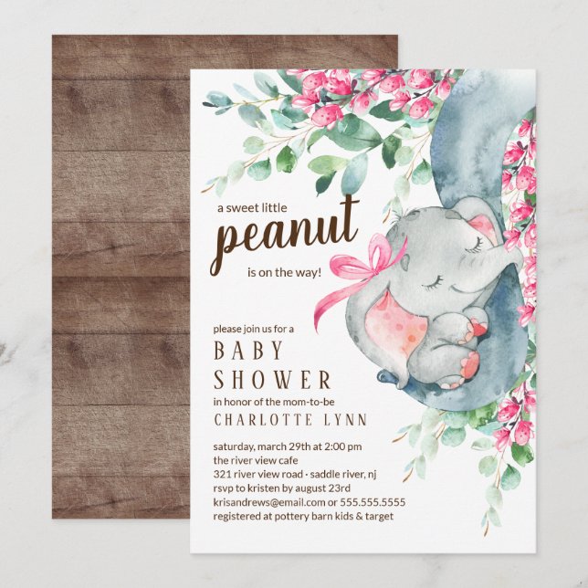 Invitación Baby Shower de los pequeños elefantes del cacahuat (Anverso / Reverso)