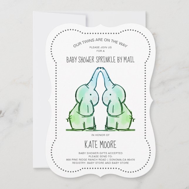 Invitación Baby Shower de los pequeños gemelos elefantes roci (Anverso)