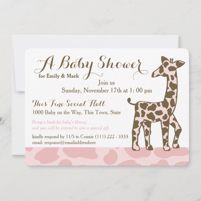 Invitación Baby Shower de los puntos de la jirafa rosa (Anverso)