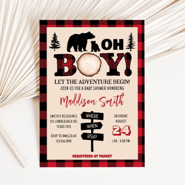 Invitación Baby Shower de Lumberjack de oseo de plástico (Bear Cub Plaid Lumberjack Baby Shower Invitation)