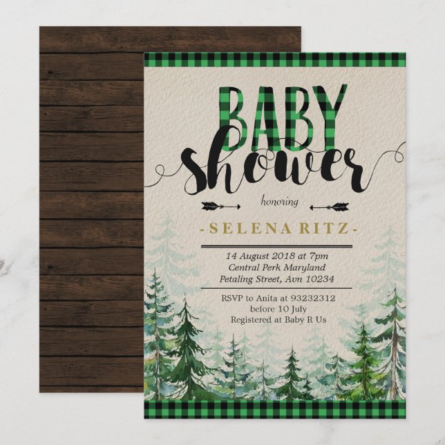 Invitación Baby Shower de Lumberjack Green Plaid B (Anverso / Reverso)