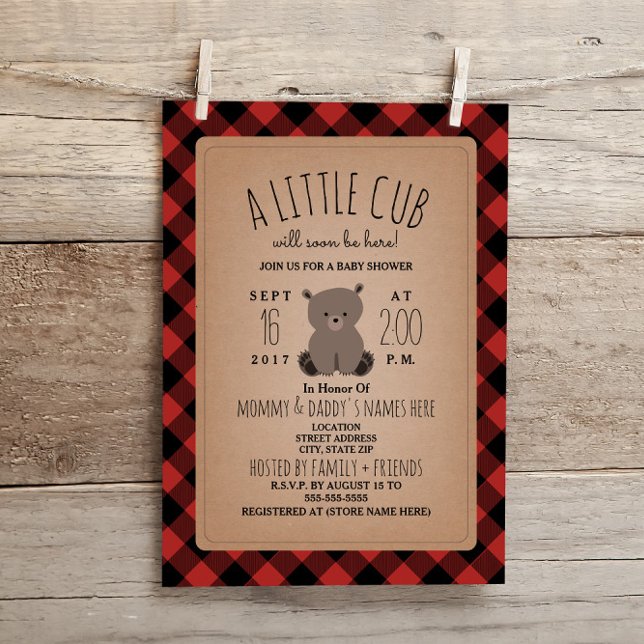 Invitación Baby Shower de Lumberjack Plaid Bear Cu (Subido por el creador)
