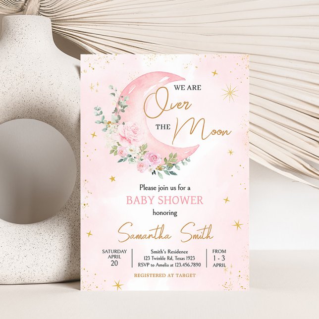 Invitación Baby Shower de Luna Rosa y Estrellas (Twinkle Little Star Baby Shower Invitation)