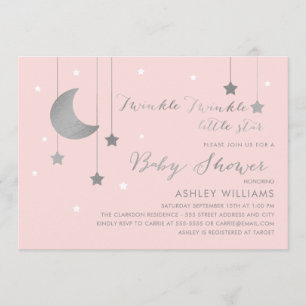 Invitación Baby Shower de Luna y Estrellas Rosadas y Plateada