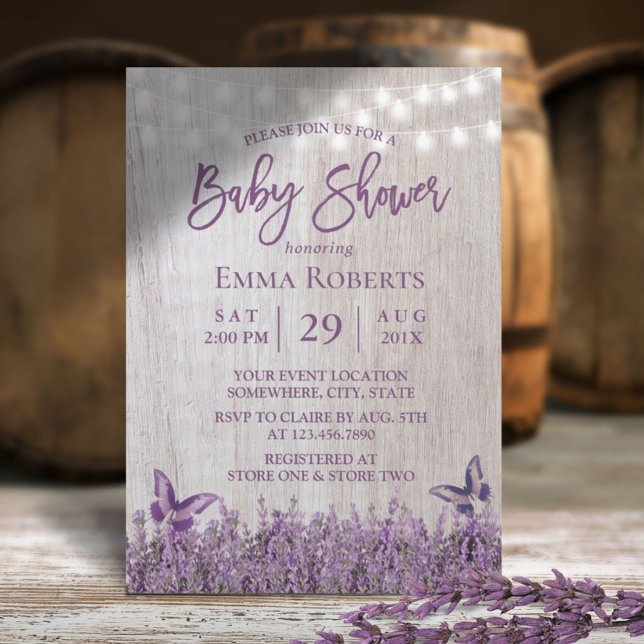Invitación Baby Shower de madera de mariposa floral de lavand (Subido por el creador)