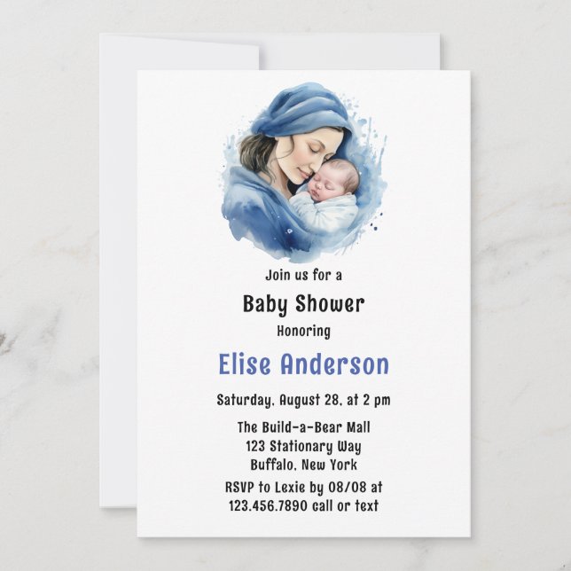 Invitación Baby Shower de madre azul invernal y niño pequeño (Anverso)