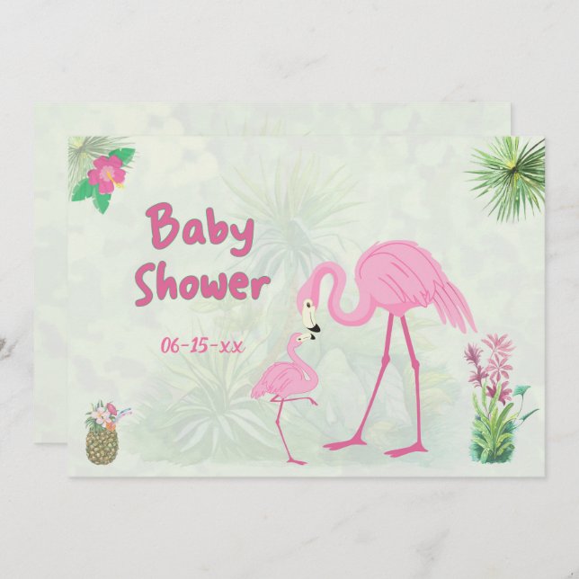 Invitación Baby Shower de madre y hijo flamingo (Anverso / Reverso)