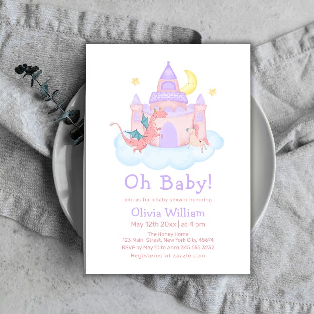Invitación Baby Shower de Magic Fairtale Dragon Unicorn (Magic Fairytale Dragon Unicorn Baby Shower Invitation)