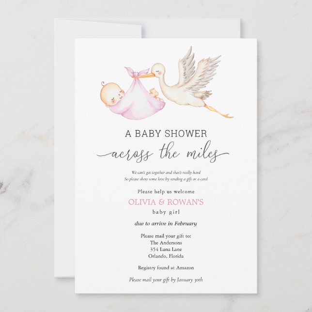 Invitación Baby Shower de Mail Pink Chica Stork (Anverso)