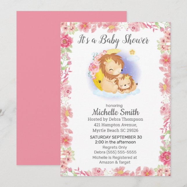 Invitación Baby Shower de mamá de león floral rosa (Anverso / Reverso)